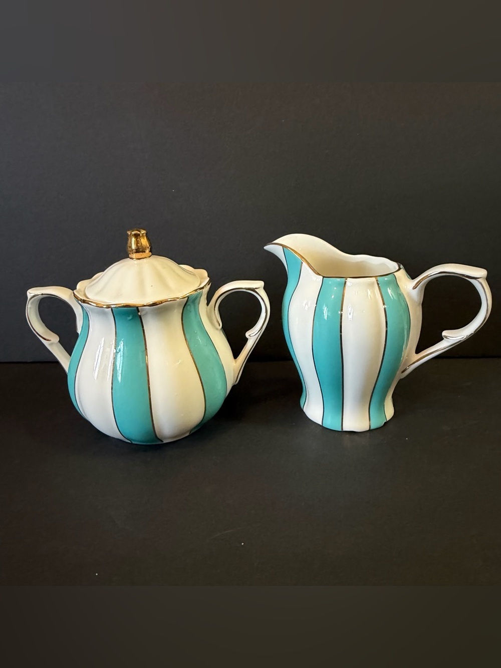 Cynthia Rowley Creamer & Sugar Aqua Turquoise Teal White Stripe Gold Trim